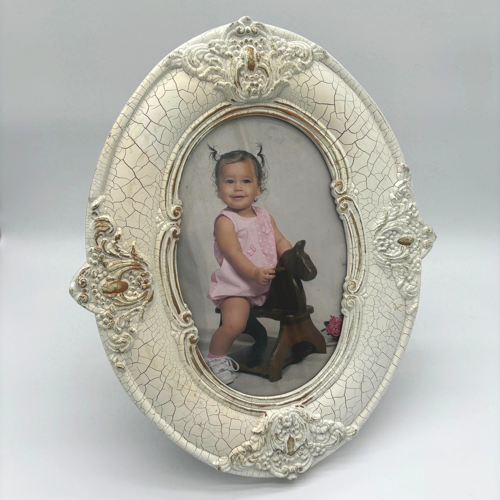 Vintage Shabby Chic Ornate Oval Picture Frame Distressed Crackle Baroque White